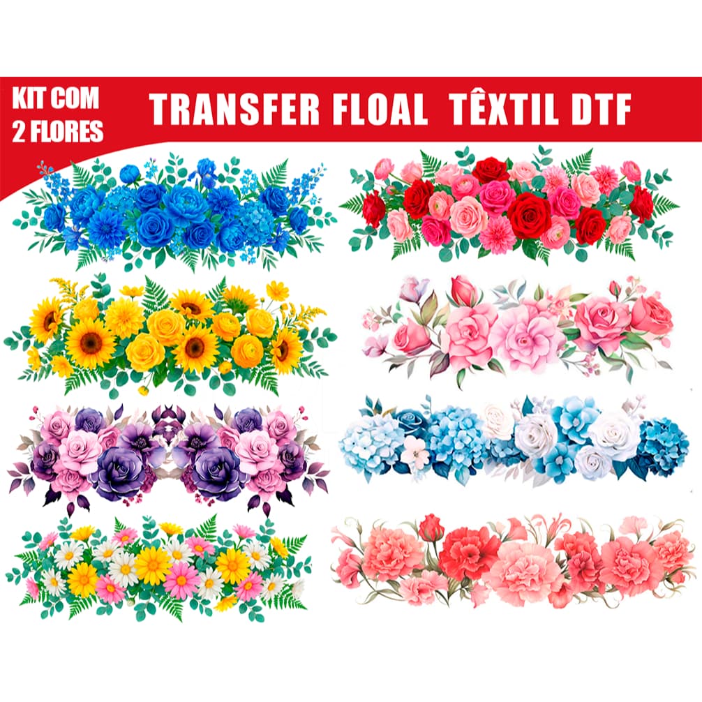 Aplique DTF Floral Transfer para Tecido 2 Estampa de Flores Pronta para Aplicar em Toalhas Camisetas com Ferro de passar