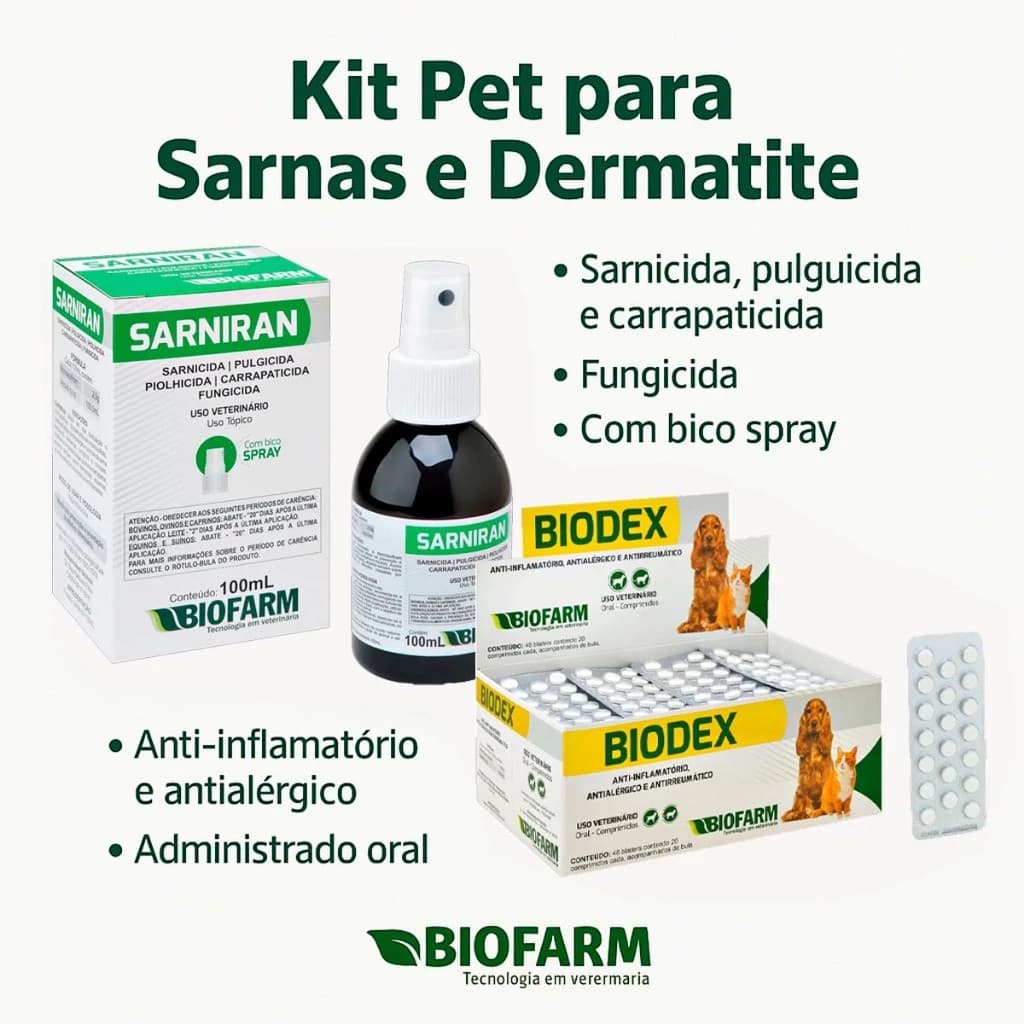 Kit para Sarnas e Dermatite Pet - Spray Sarniran 100ml + 1 Cartela Biodex 20 Comprimidos