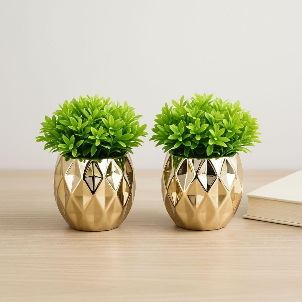 Kit Decoração Enfeite 2 Vasinhos Dourado + Planta Artif.