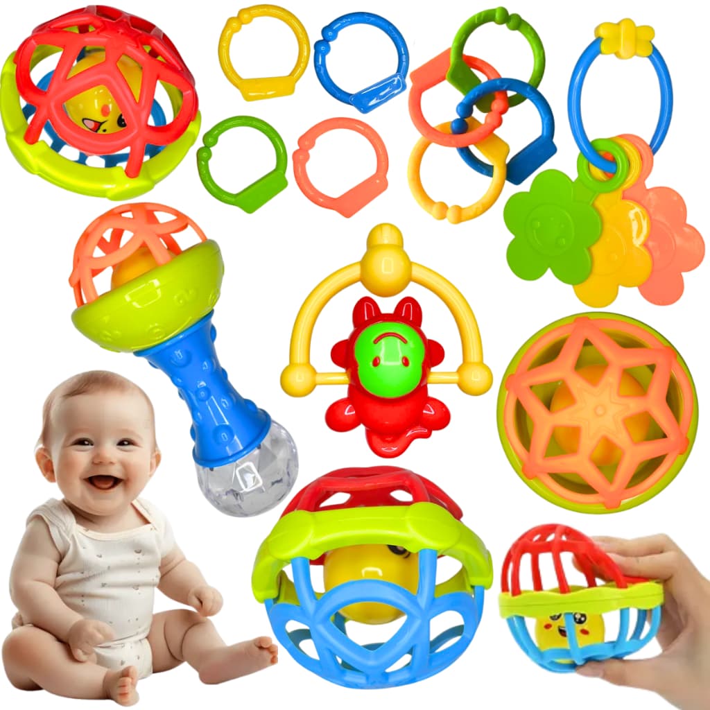 Kit Mordedor Chocalho Para Bebe Sensorial Macio Bolinha Mordedor Silicone Baby Ball Brinquedo Nenem 8 peças