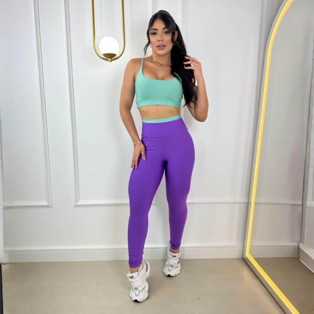 Conjunto Fitness Bicolor Feminino calça e Top curto Bojo Removível Academia Roupa De Malhar Suplex Premium
