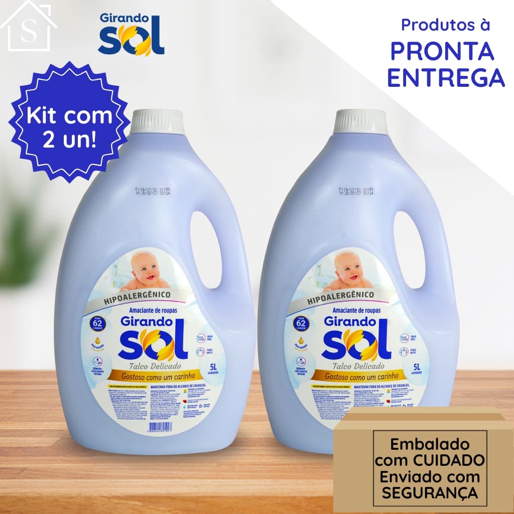 COMBO COM 2 AMACIANTES Girando Sol Talco Delicado Hipoalergênico 5L ALTA FIXAÇÃO PARA TECIDOS/ROUPAS