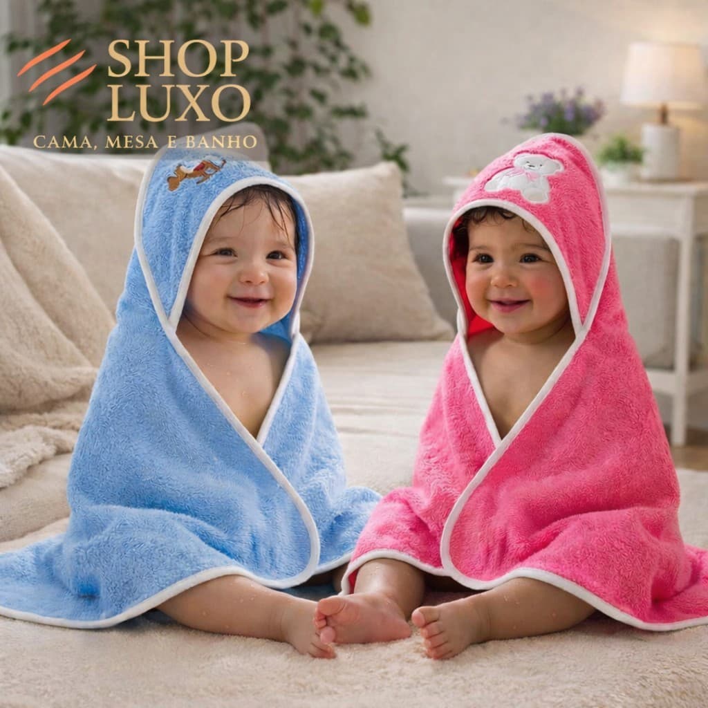 Kit 3 Toalhas Bebê com Capuz Felpuda 60x60cm | Pós-Banho Super Macia Premium