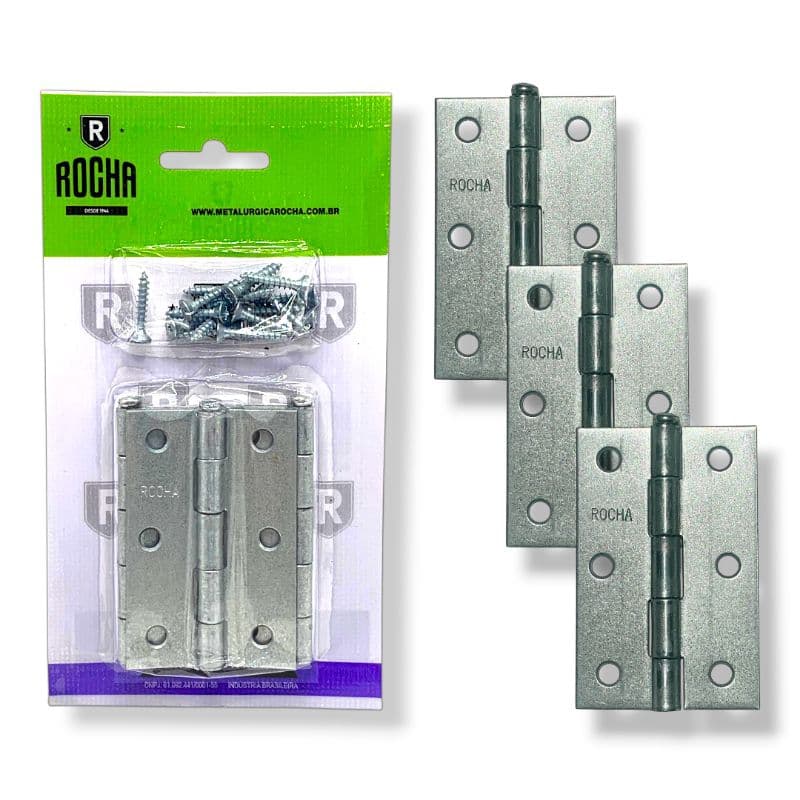 Kit 3 Dobradiças zincadas Rocha de 3 polegadas para portas. Com parafusos.