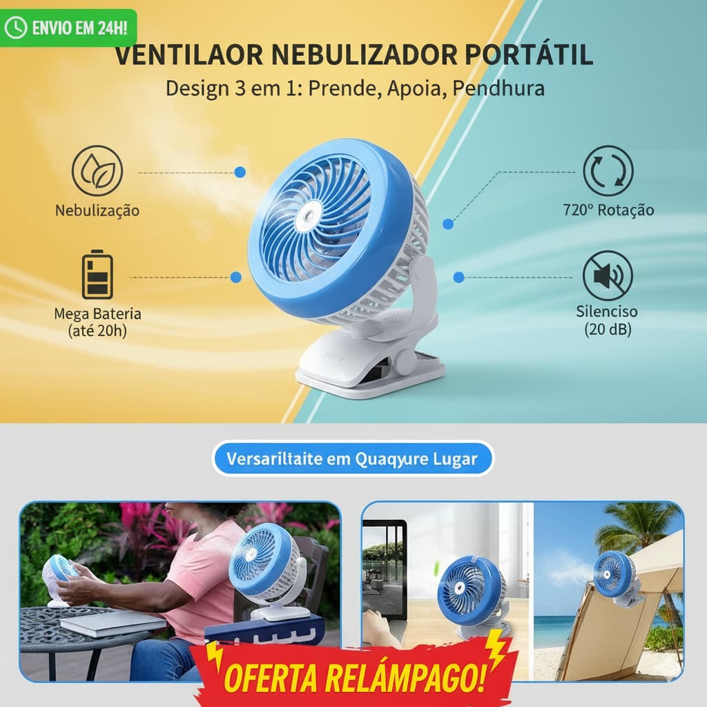 Mini umidificador Ventilador Portátil Mesa Silencioso Grampo 3 Modos