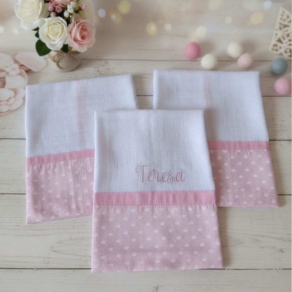 Kit 3 fraldas de boca personalizadas - 35x35 cm -  tecido 100% algodão Valletex