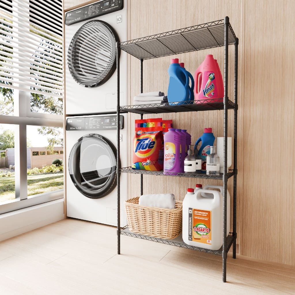 Estante de Metal 4 Prateleiras Ajustáveis Preta Compacta para Cozinha Banheiro Quarto até 200kg