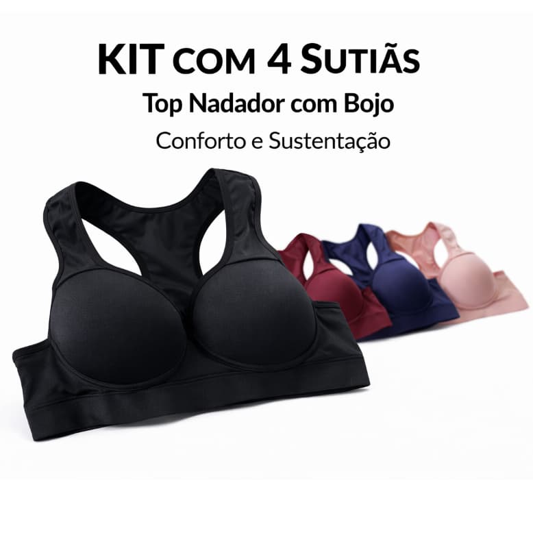 Kit com 4 Sutiãs Top Nadador bojo Lingerie academia conforto