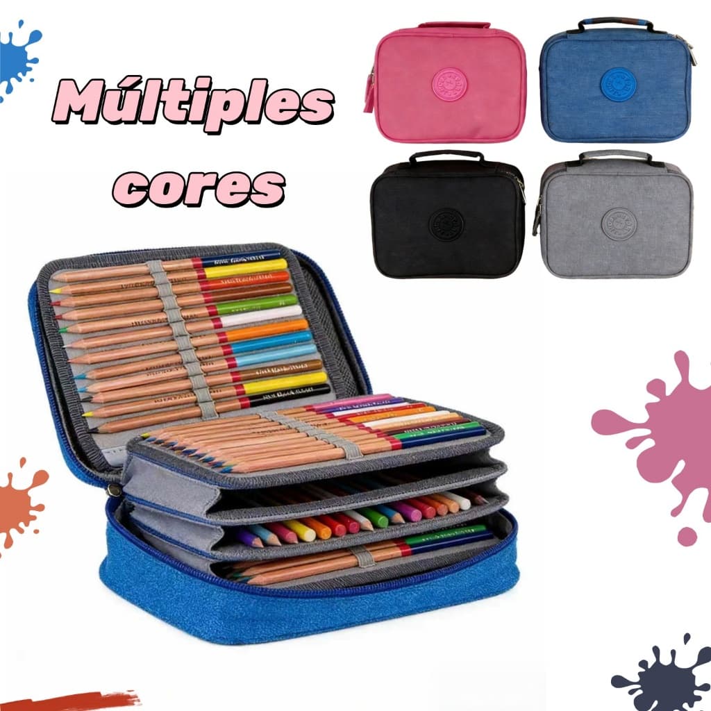 Estojo escolar box organizador grande com pompom e divisórias internas