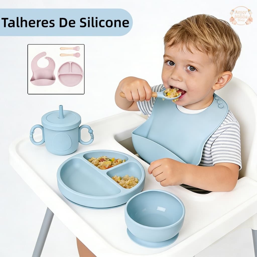 Kit6 Talheres bebê silicone 4/6Peças Talheres Infantil Com Ventosa Canudo Colher Babador Garfo