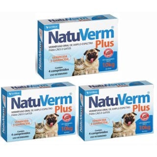 Kit Com 3 Caixas Natu Verm Plus 660mg Vermifugo Sabor Carne Para Cães ou Gatos Com 4 Comprimidos