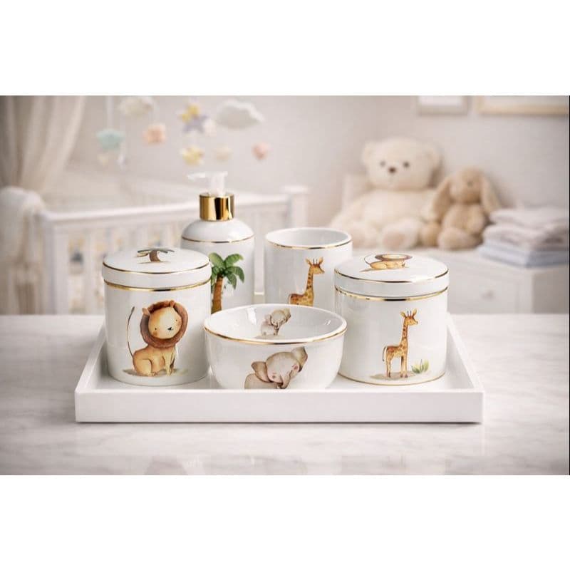 Kit Higiene Bebe Com Decoracao Safari Filete De Ouro Porcelana