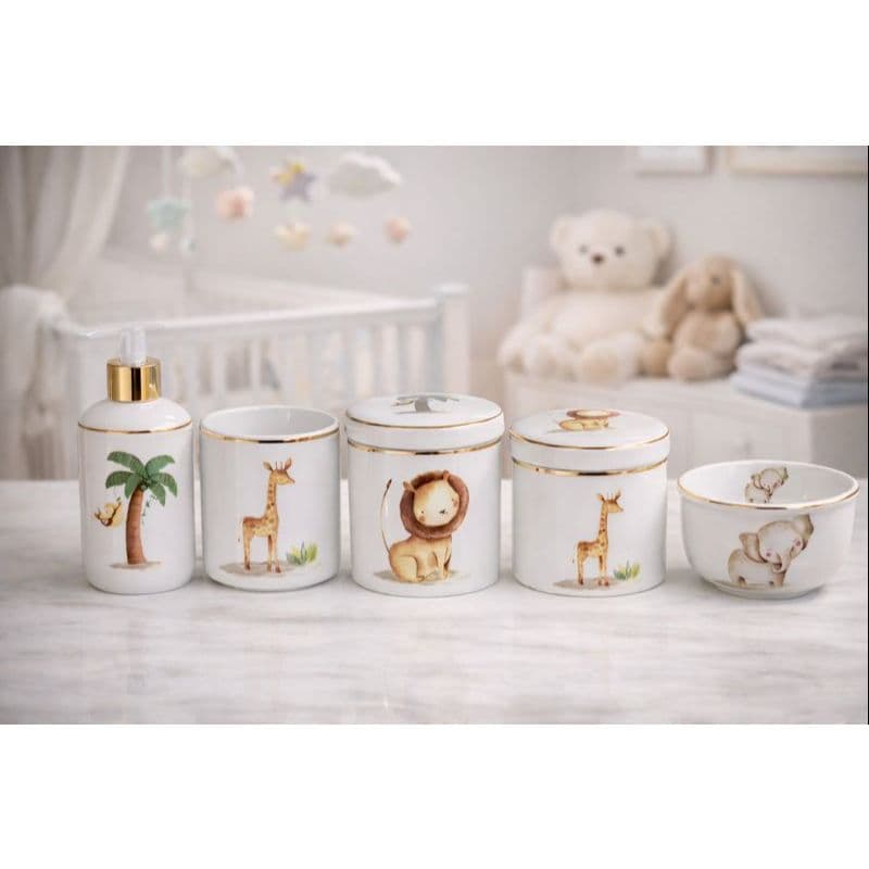 Kit Bebe Porcelana Safari Friso Ouro Decoração Quarto Infantil