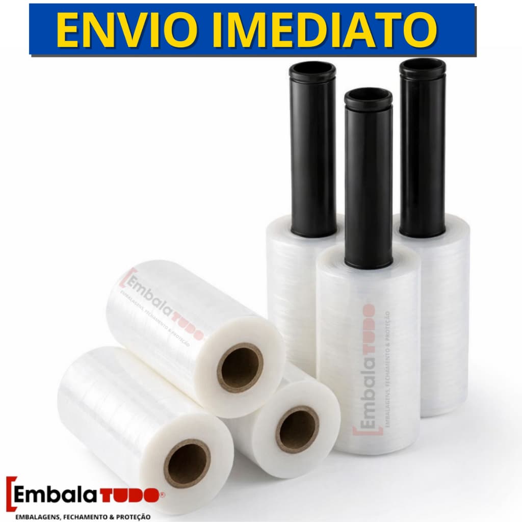 3 Rolos Filme Stretch c/ Cabo Adaptador 100 metros Plástico com Aplicador p/ Mala Volante