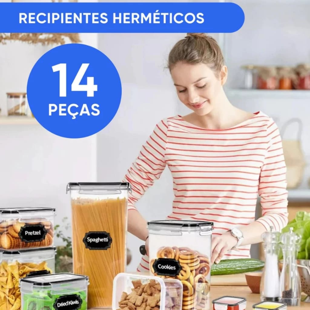 Kit 14 Potes Herméticos Cozinha Dispensa Organizador Plástico Resistente + 14 Etiquetas e 1 Caneta..