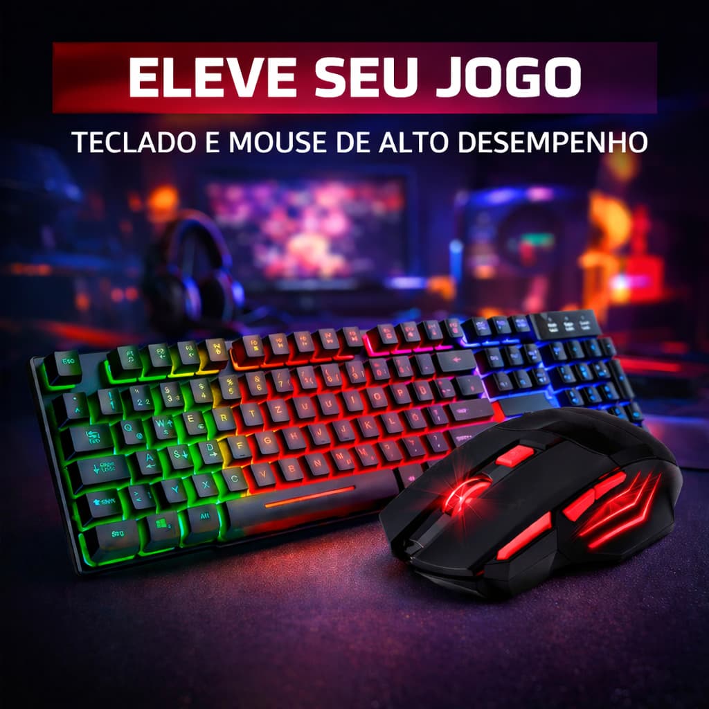 Kit Teclado Gamer Semi Mecanico Led Rgb Mouse Preto
