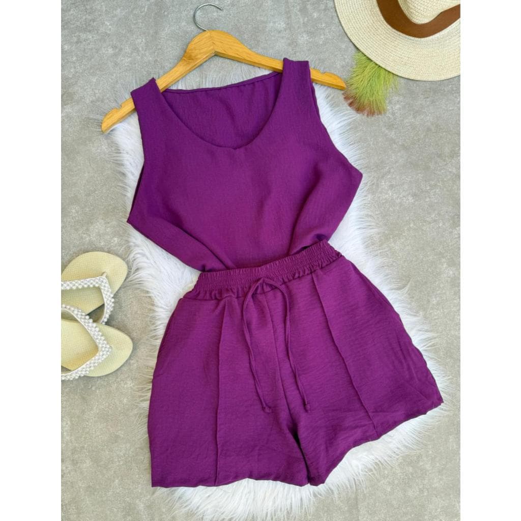 Conjuntos Casual Feminino Regata Decote V Shorts Duna Liso Casual Verão