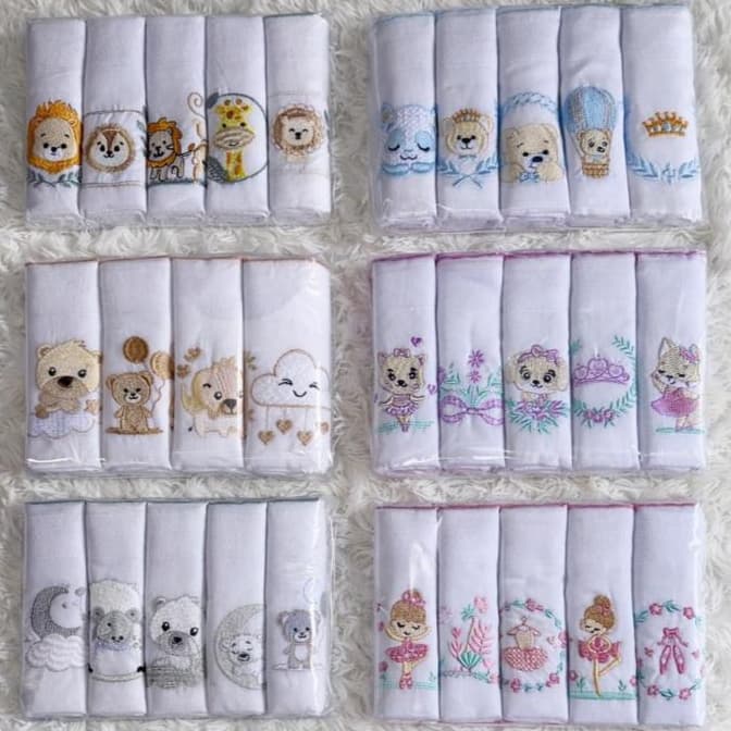 Kit 5 Fraldas Bordadas Bebê 100% Algodão 70x70 cm | Macias e Delicadas