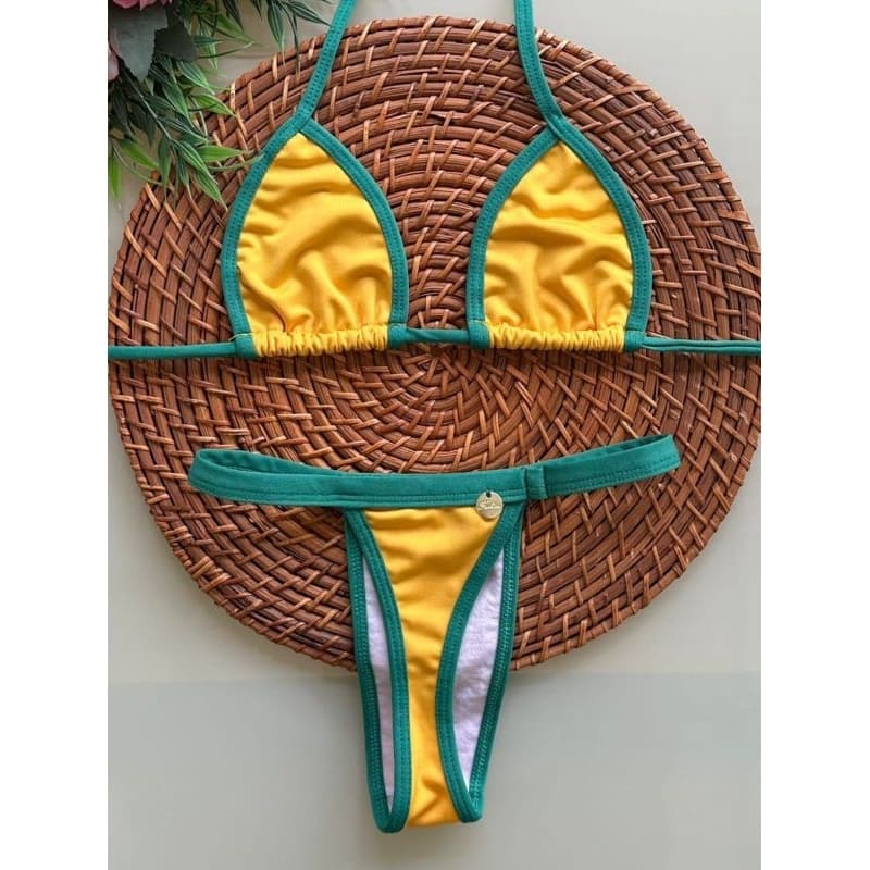 biquíni feminino fita bronze micro fio dental verde e amarelo do Brasil