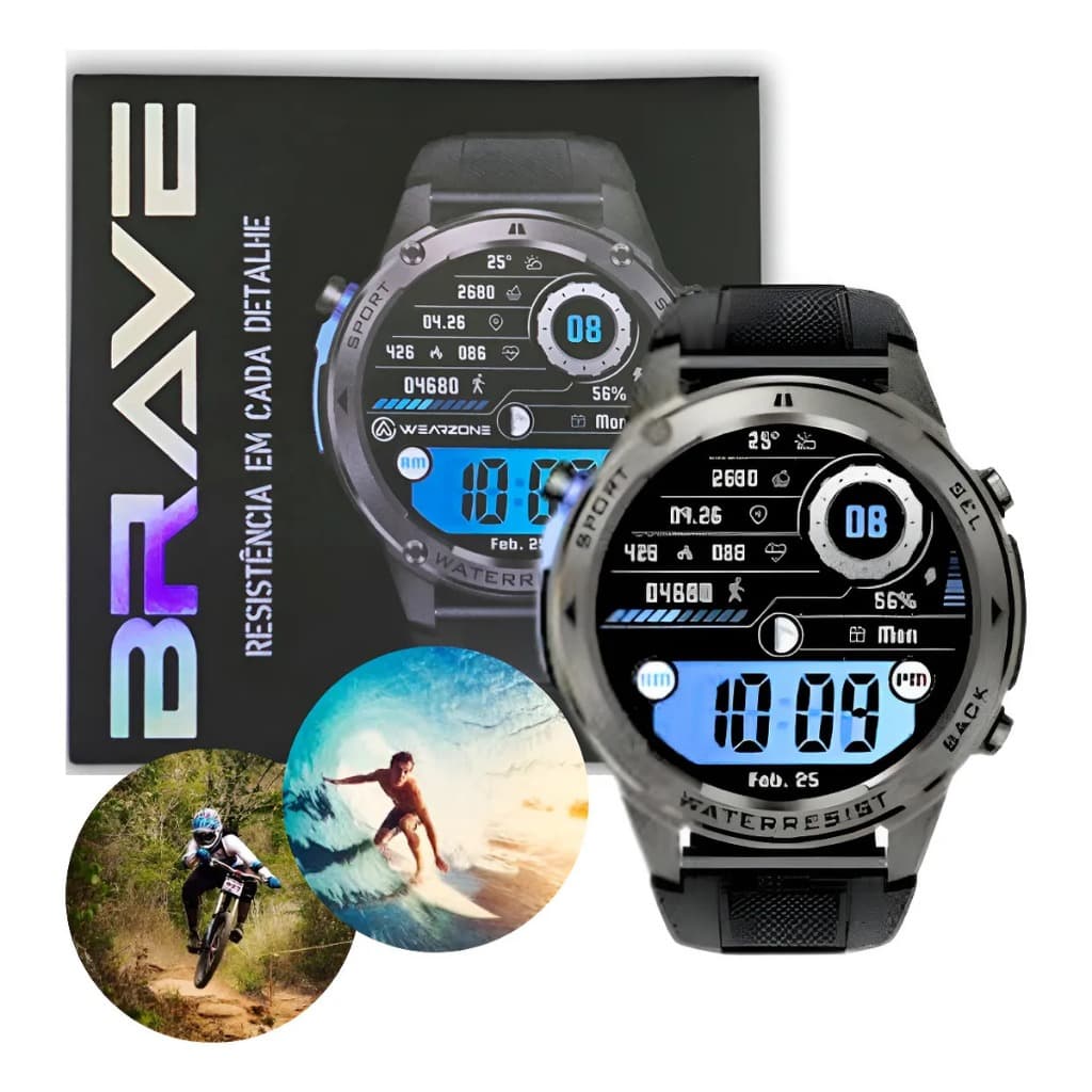 Smartwatch Brave Wearzone | Prova D'água 50m | GPS | Strava | Bateria 10 Dias