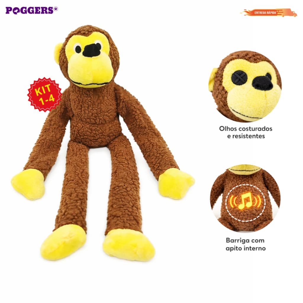 Kit 1-4 Brinquedo Cachorro Pelúcia Macaco 40 cm com Apito Diversão Pet
