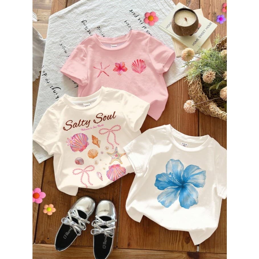 Kit 3 Camisetas Infantis Meninas Sereia Fundo Do Mar Algodão Estampada T-Shirt Luxo Passeio Girls