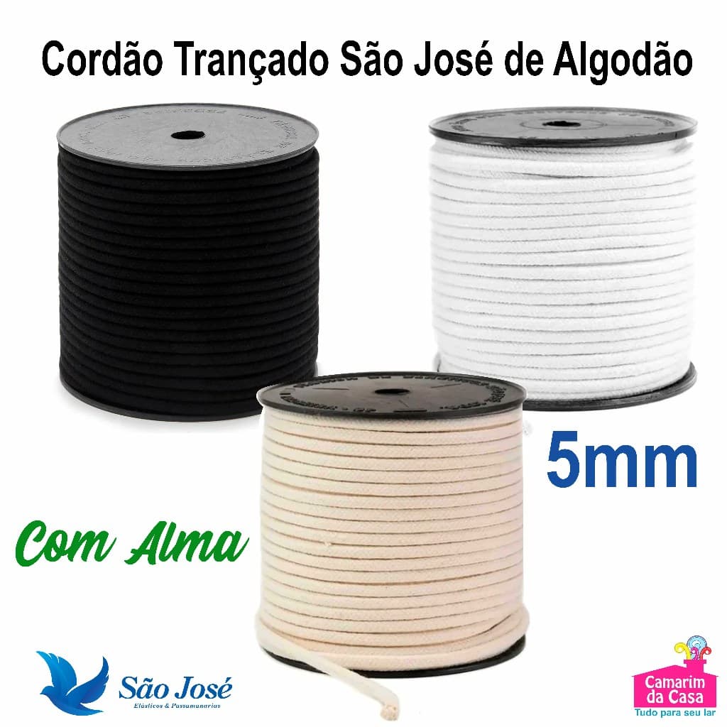 Cordão Trançado São José 5mm Largura Rolo c/ 50m 100% Algodão Cores Cru / Branco / Preto