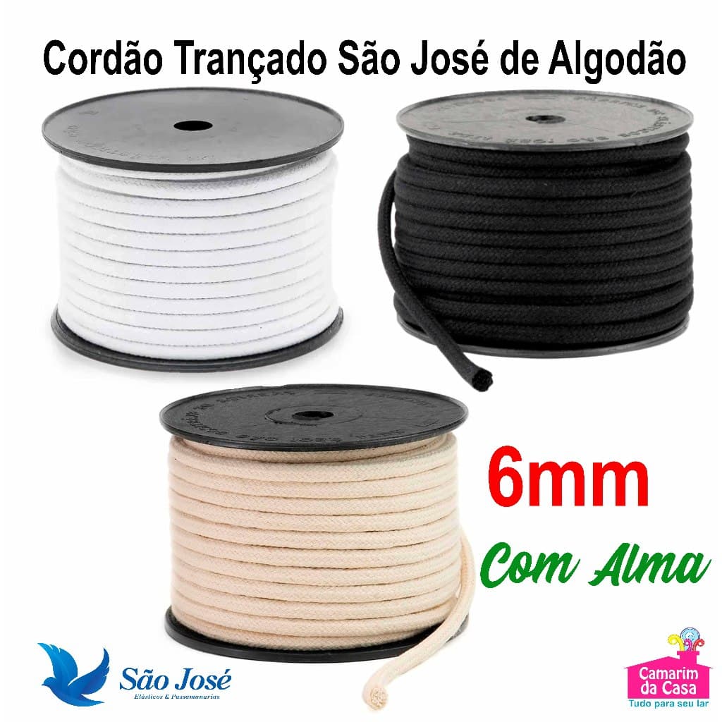 Cordão Trançado São José 6mm Largura Rolo c/ 20m 100% Algodão Cores Cru / Branco / Preto