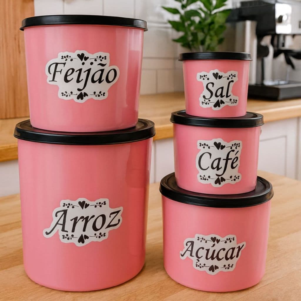 Kit Conjunto 5 Potes de Mantimentos Plástico Decorado Coração Porta Alimentos para Cozinha