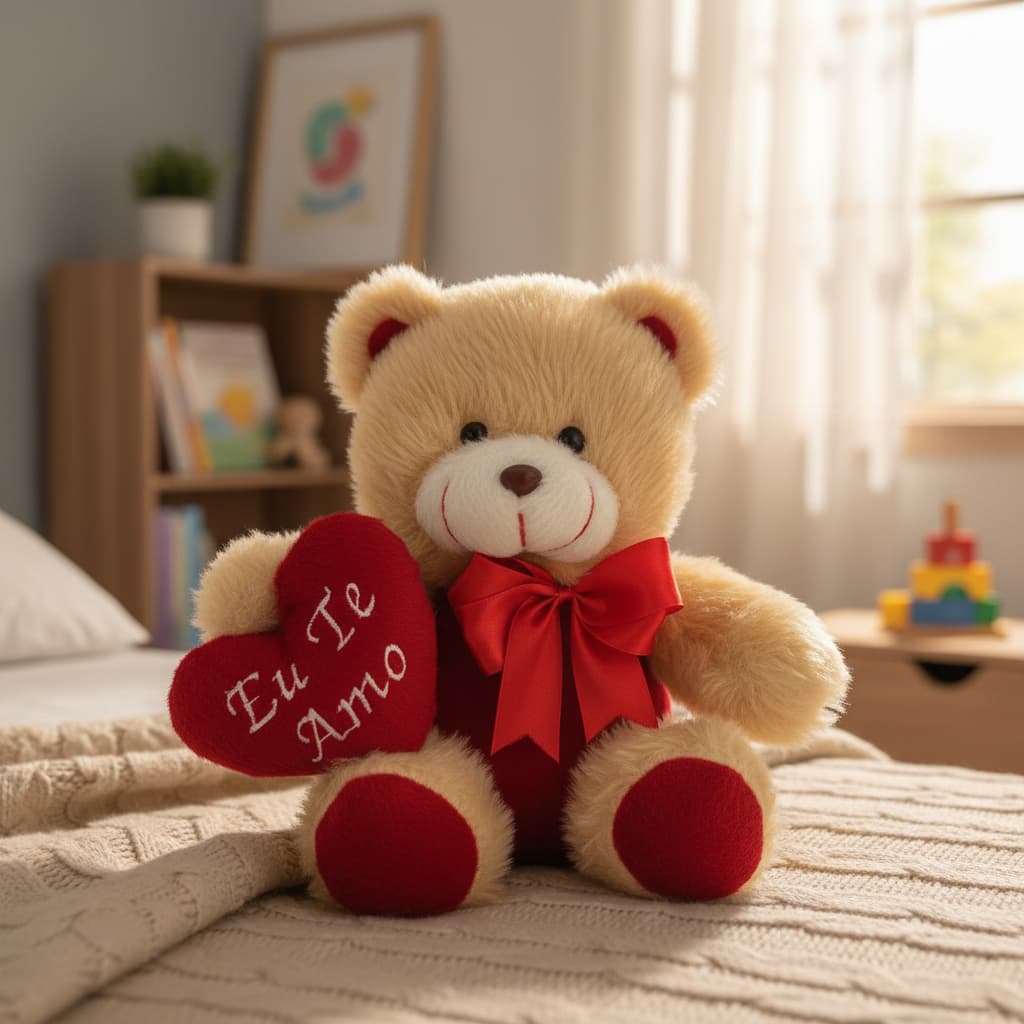 Urso de Pelúcia 20 cm com coração bordado e laço de cetim - Com carinho - Eu te amo