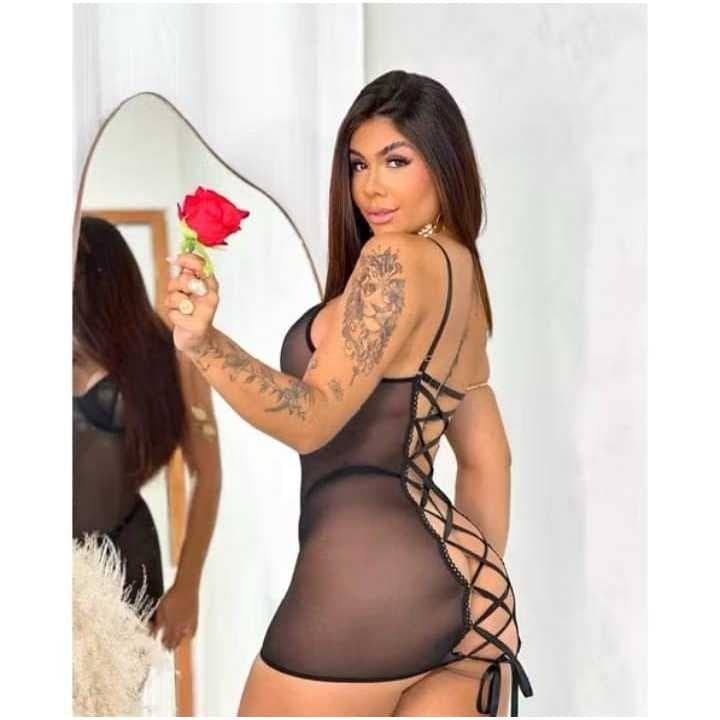 Camisola Sexy Fitas Tule Sensual Fitas de Cetim Mabell