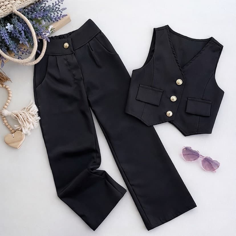 Conjunto Alfaiataria Pantalona 4 ao 16 Anos Luxo Infantil E Juvenil Menina Colete e Calça Pantalona Moda Blogueirinha