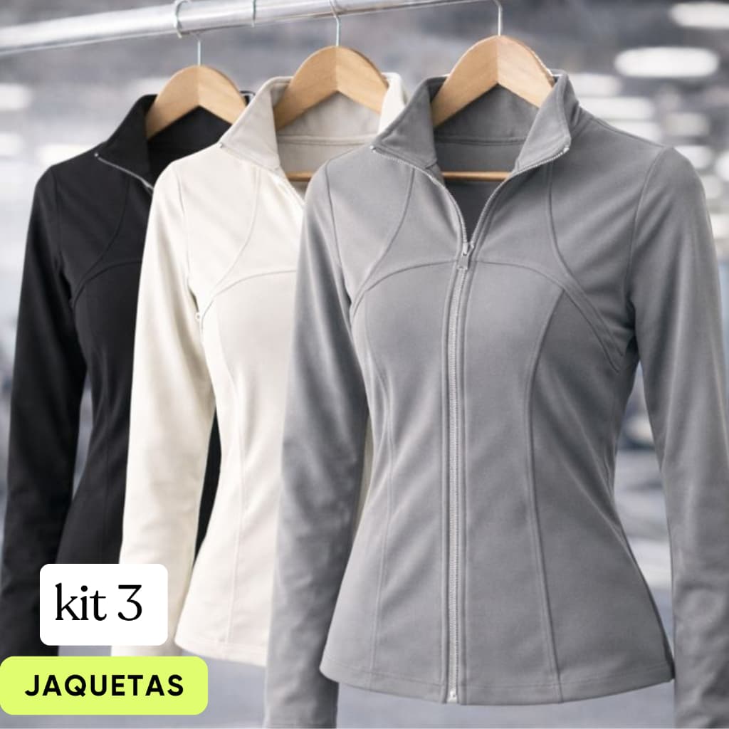 Kit 3 Jaquetas Feminina Fitness Com Zíper Frontal Manga Longa Dedal No Punho POLIAMIDA com Proteção UV Academia Treino