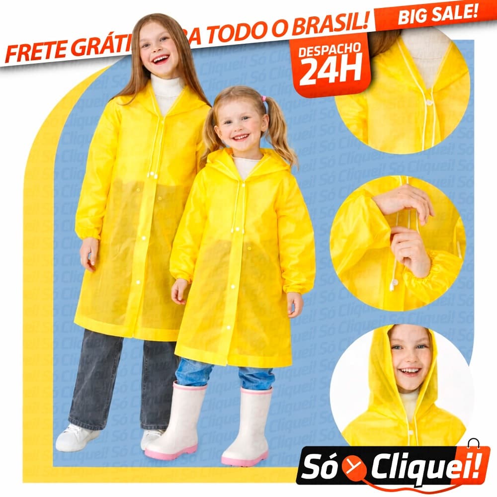 Capa de Chuva de PVC Infantil Com Capuz Para Meninos e Meninas Unissex Qualidade Premium Resistente