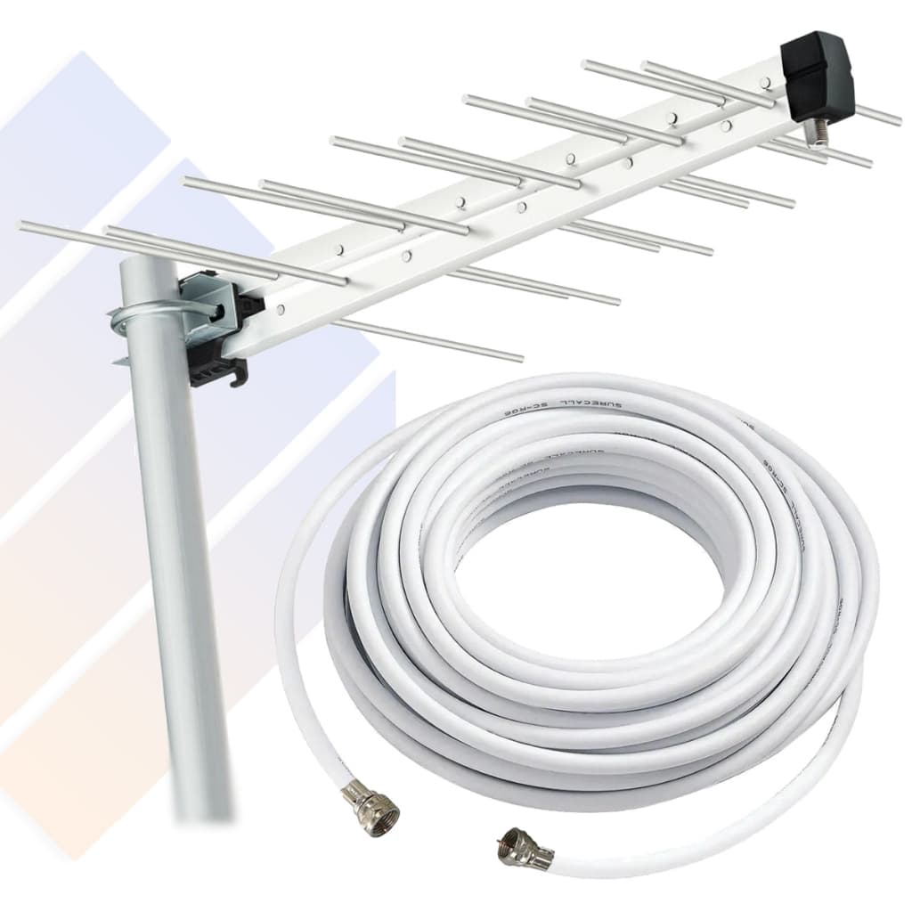 Cabo de Antena 10 Metros + Antena Externa Digital 16 Elementos Prismatic UHF/HDTV Ganho Sinal Forte