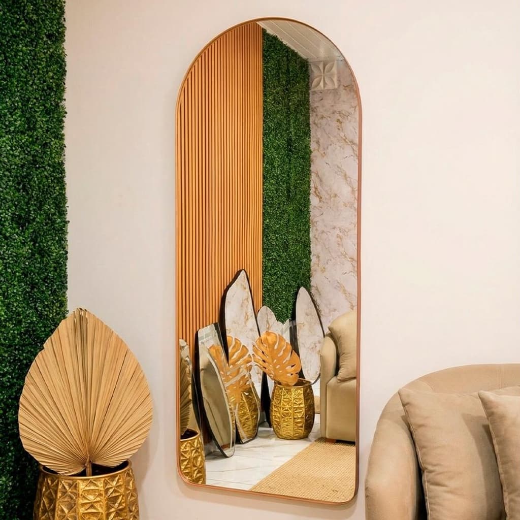 Espelho Oval Base Reta Corpo inteiro Moldura de Couro 120cm x 50cm Madri Quarto Sala Salão Loja