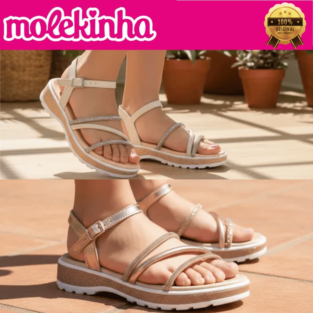 Sandália Molekinha Meninas Papete Fivela Tiras com Strass Tratorada Confortável Brilho Original