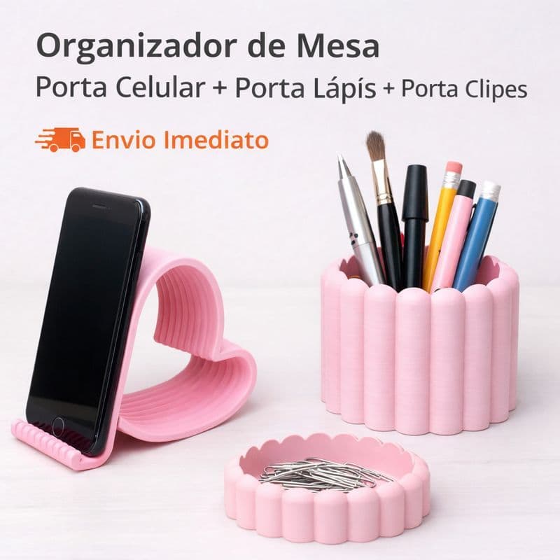 Organizador de Mesa Porta Celular + Porta Canetas/Lápis + Porta Trecos/Clipes (Maquiagem e Escritório)