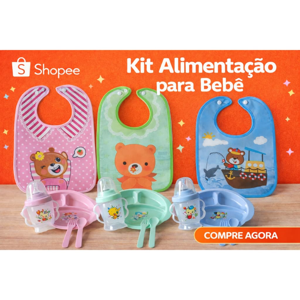Kit Alimentação Bebê Completo Prato Divisória Copo Bico Mamadeira Talheres Babador c/ Bolso