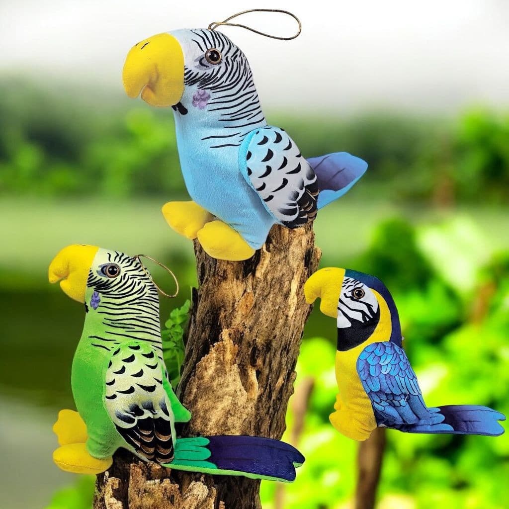 Ave Passaro Pelúcia Arara Desenhada Pequena 22cms - Azul / Verde Com Cordinha - HM TOYS