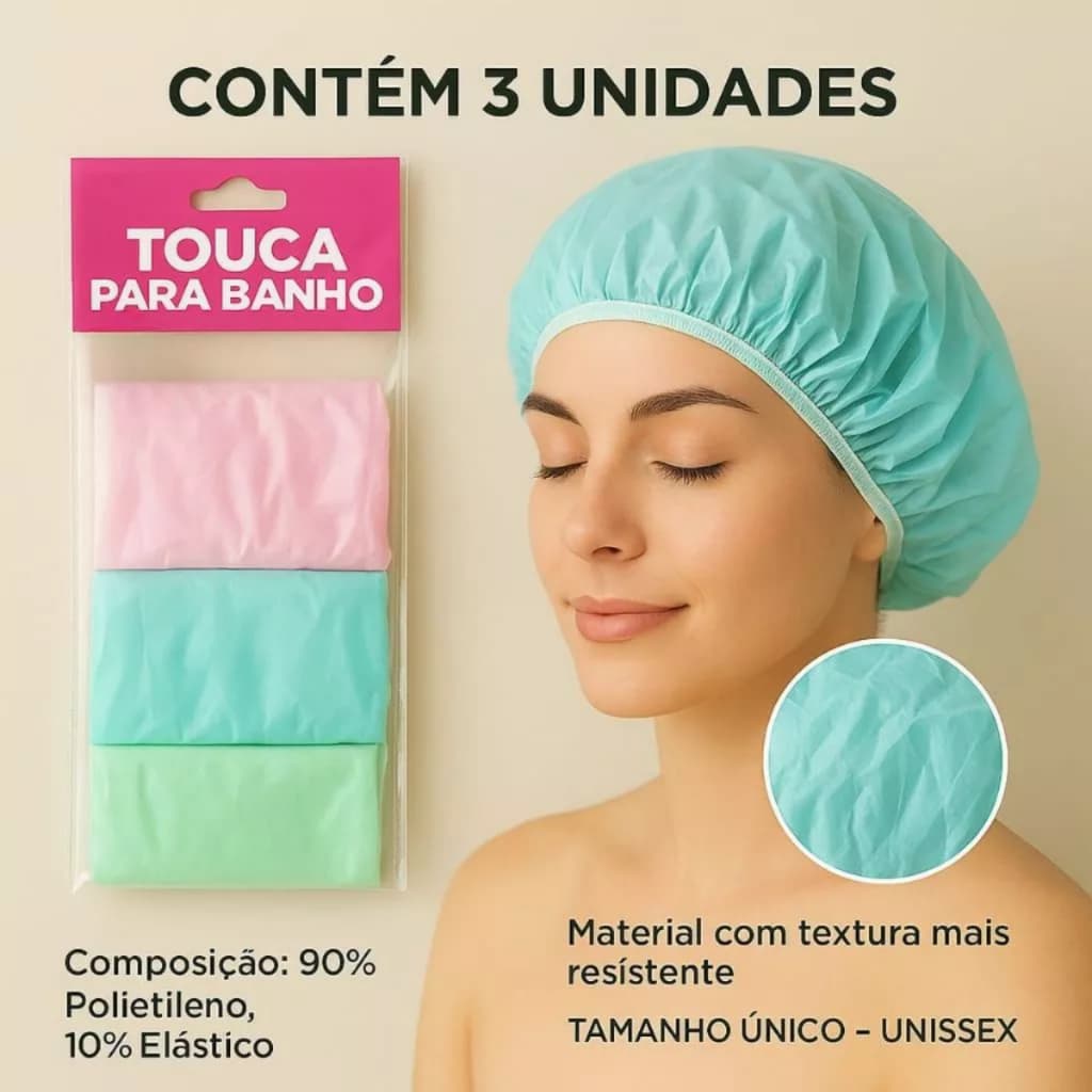 Kit  3 Touca De Banho Plástica Impermeavel Tamanho Unico Unissex