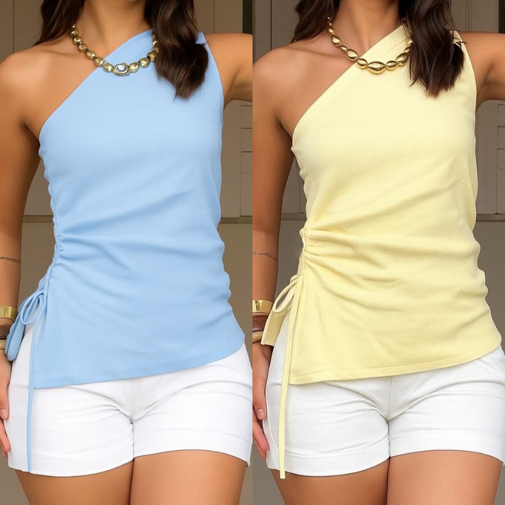 Kit 2 Blusa Drapeada Assimétrica Mula Manca Algodão Ribana Básica Casual Elegante Tendência Verão