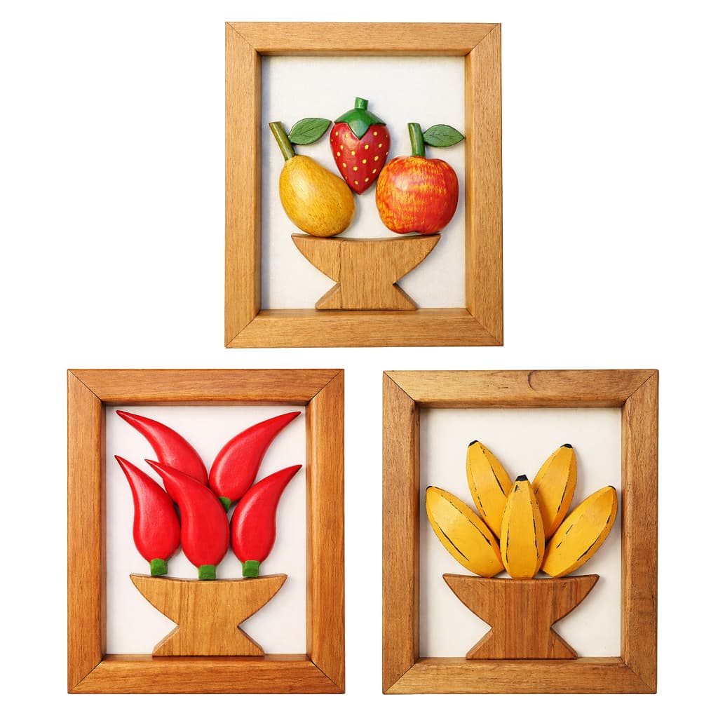 Conjunto Kit Quadro De Banana Pimenta e Frutas 24x20cm Pequeno Escultura Artesanal em Alto Relevo | Decoração de Parede