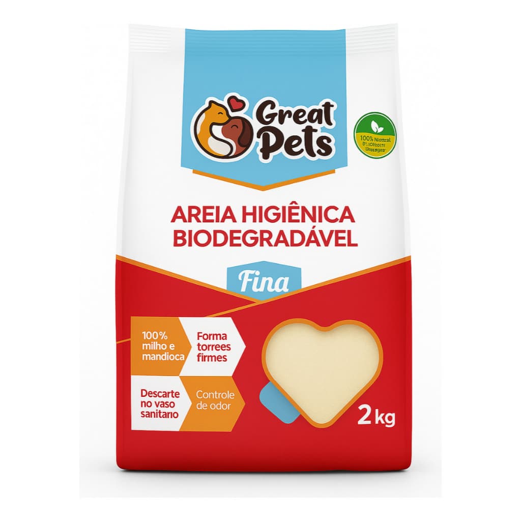 Areia Biodegradável para Gatos Great Pets 2kg Milho e Mandioca Fina