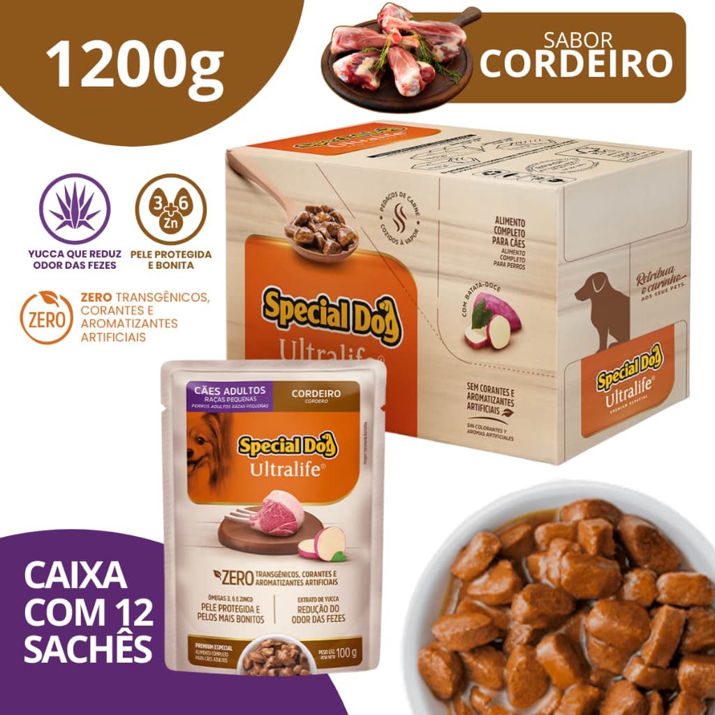Caixa Sachê Adultos Raças Pequenas Sabor Cordeiro 100g - Special Dog Ultralife