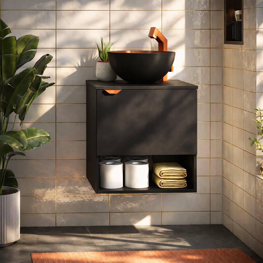 Gabinete Suspenso De Banheiro Preto Com Cobre C/ Cuba e Nicho Estilo Industrial Mod: Tex Industrial Armário Nórdico Top