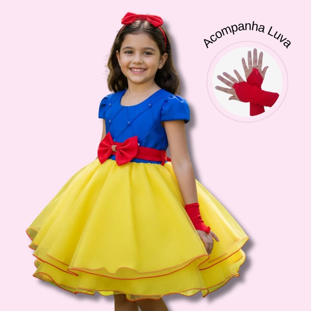 Vestido Infantil Juvenil Menina Princesa Branca de Neve Festa Fantasia Curto