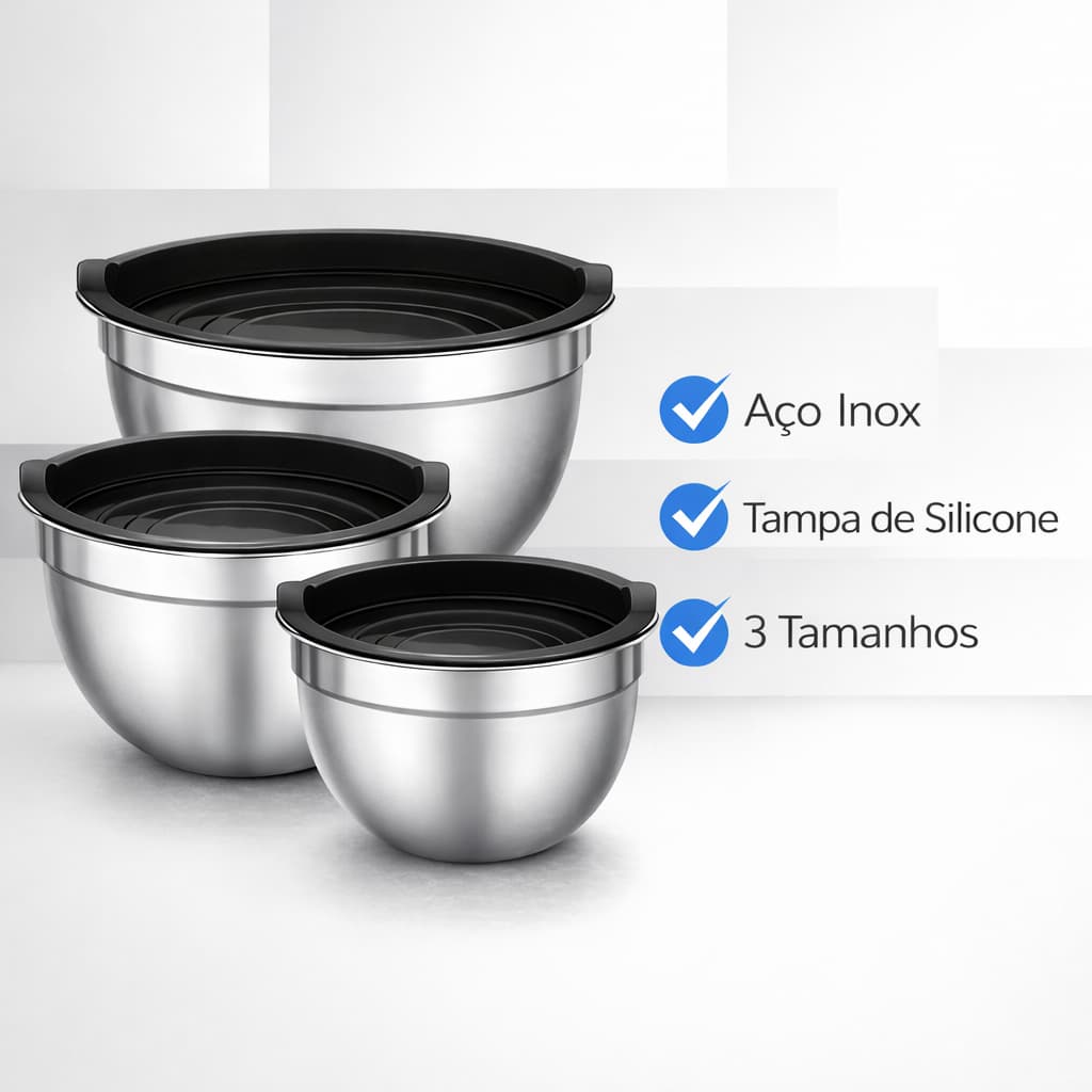 Vittak Kit 3 Bowl Tigela Aço Inox Funda Multiuso Redonda Saladeira Confeitaria Bowls Vasilha Com Tampa