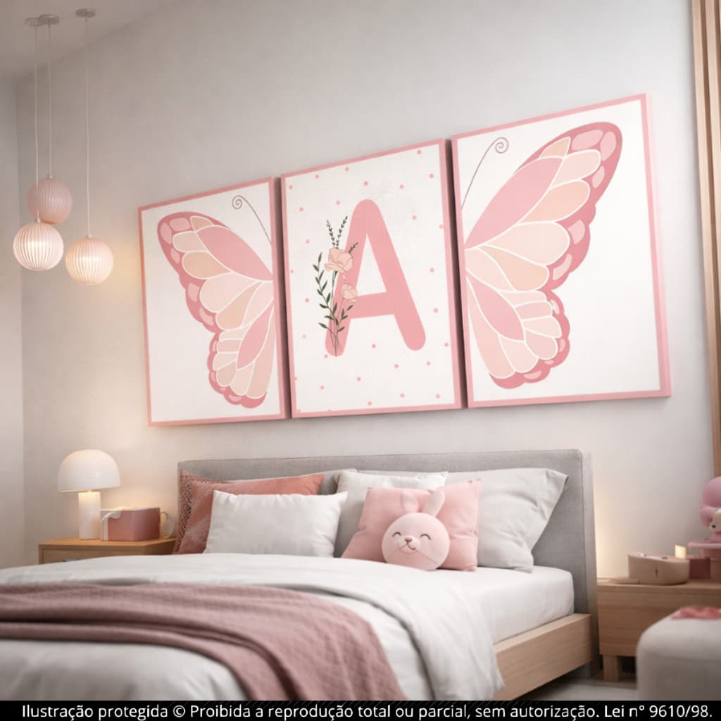 Kit Quadros decorativos 3 Peças Moderno Para Parede Quarto Infantil Feminino Letras Personalizadas Tons Rosas Borboletas