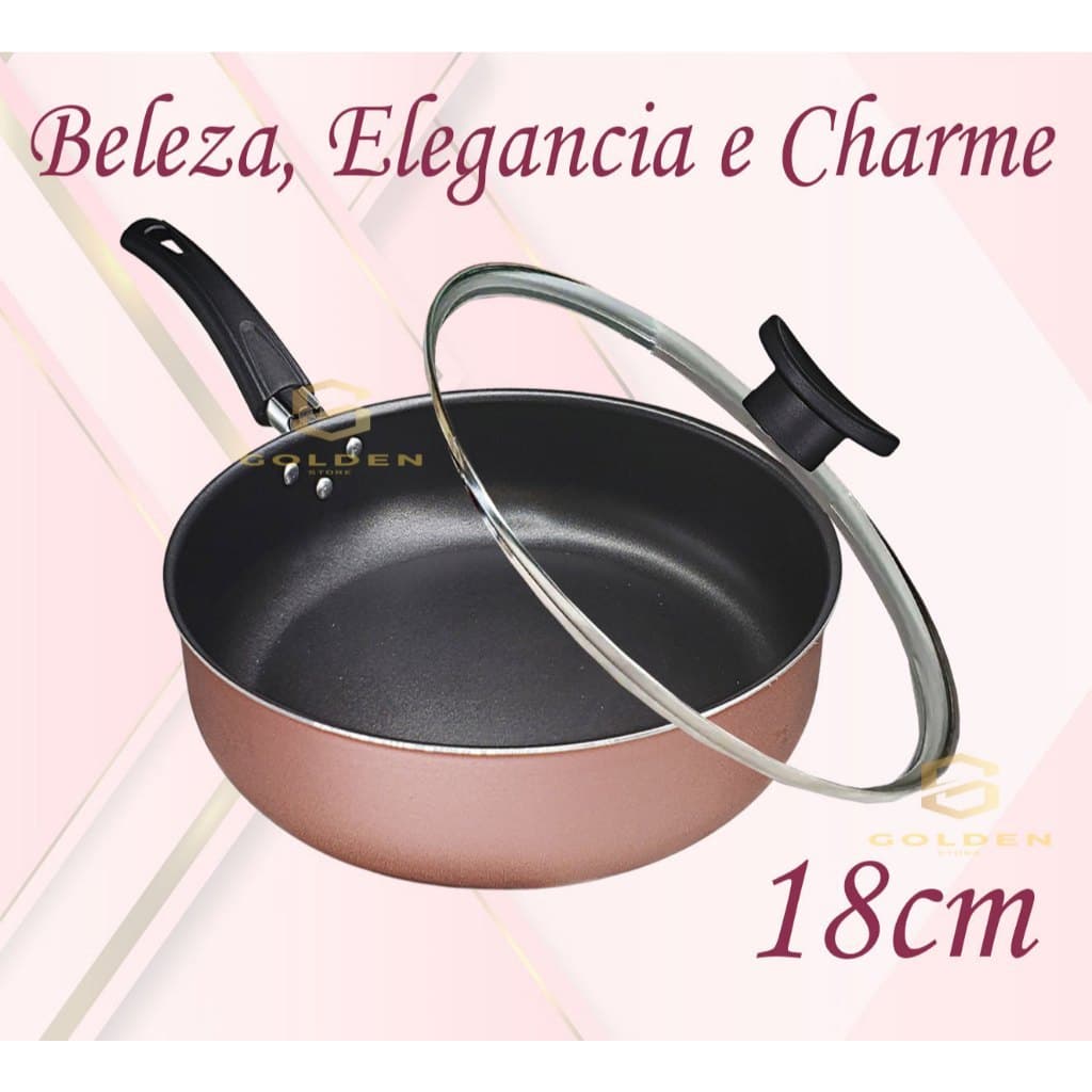 Frigideira Alta  Antiaderente Teflon 18 cm Cor Rose com Tampa de Vidro e Espátula de Nylon